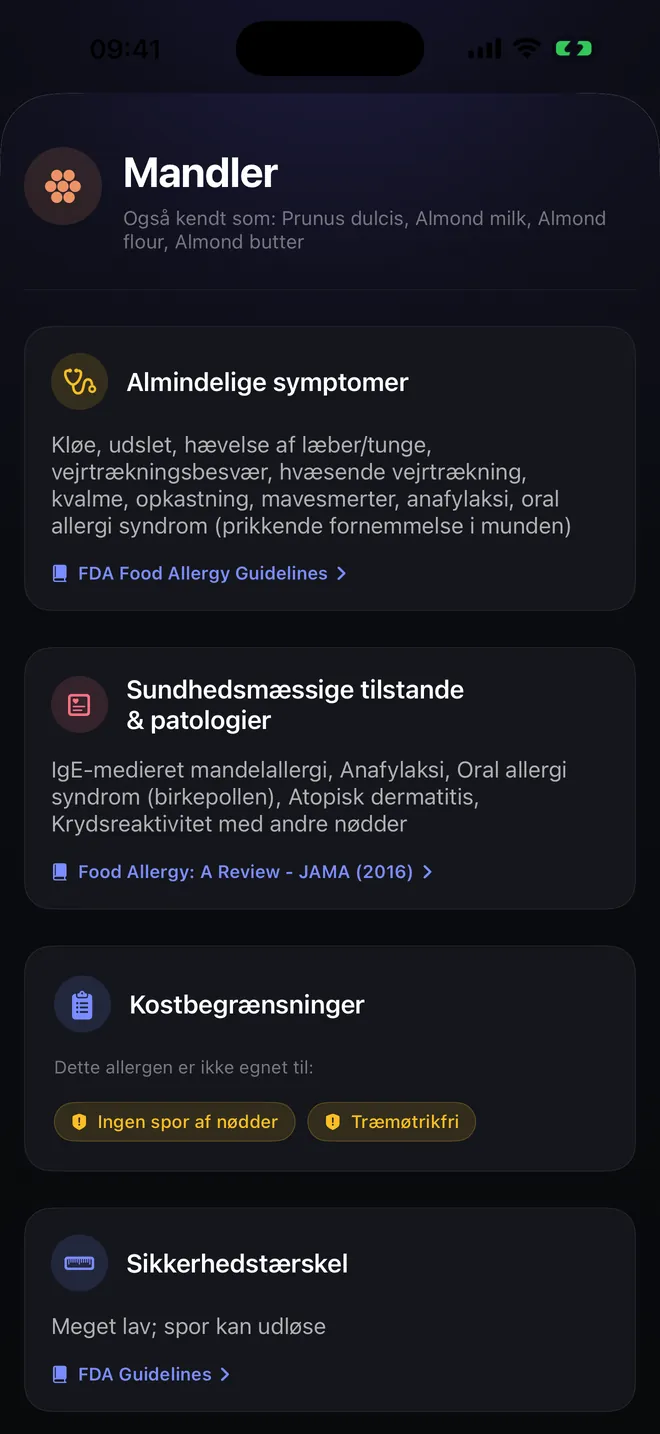 Allergendetaljer — Symptomer, kilder og referencer