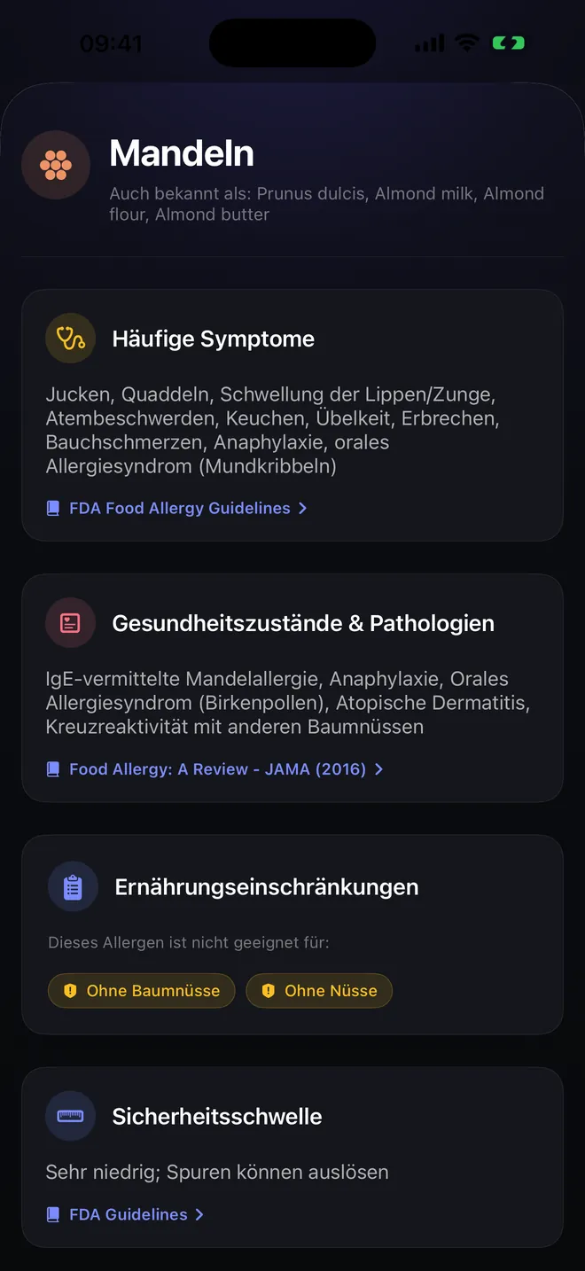 Allergen-Details — Symptome, Quellen und Belege