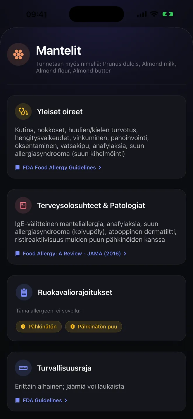 Allergeenin tiedot — Oireet, lähteet ja viitteet