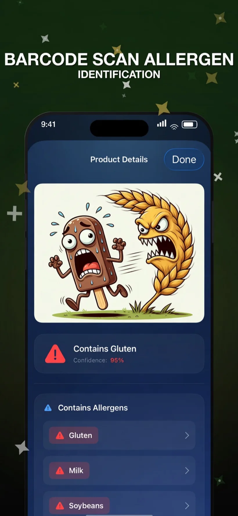 Barcode scan result in GlutenScanning: a Contains Gluten verdict at 95% confidence, with a Contains Allergens list of gluten, milk and soybeans