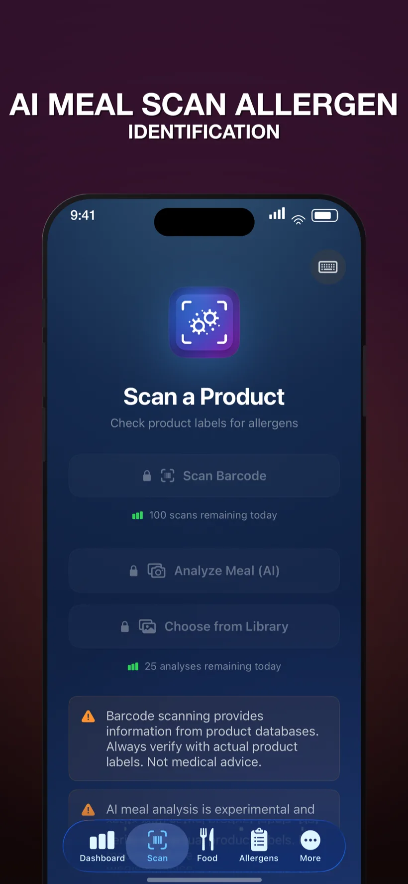 Scan home screen offering Scan Barcode, Analyze Meal with AI and Choose from Library, with daily scan and analysis quotas