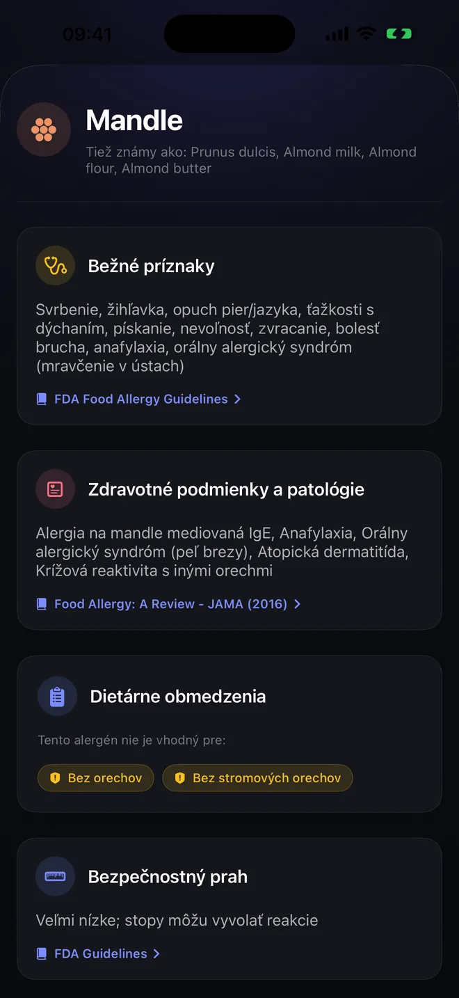 Detail alergénu — Príznaky, zdroje a citácie